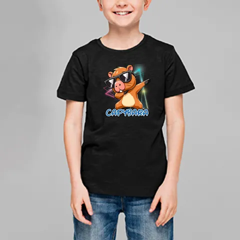 Детска тениска принт Capybara glasses черна