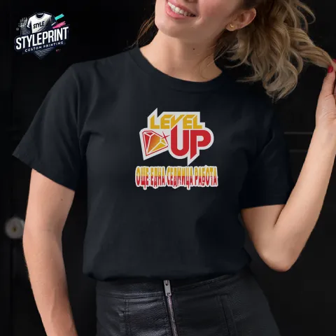 Дамска тениска принт Level Up черна