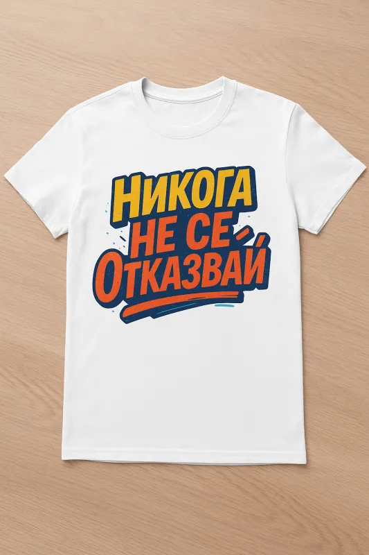 Тениска с надпис „Никога не се отказвай“
